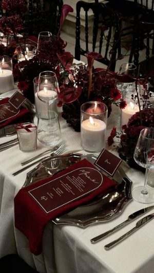 Burgundy tablescape with candles