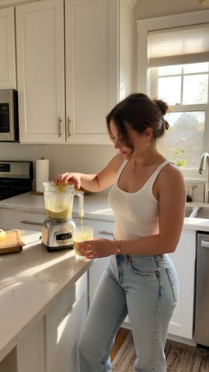 Making a smoothie in the kitchen